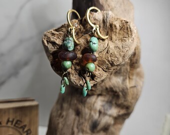 Boucles d'oreilles, perles de verre Picasso, turquoise, verre de plage