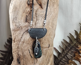 Collier en jaspe Kabamba, pierre noire du lac Érié, cristal Swarovski, cordon en cuir