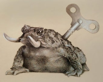 May include: A detailed pencil drawing of a toad with a large, prominent, white, tusk-like protrusion from its mouth. The toad is depicted as a wind-up toy, with a large, silver, wind-up key attached to its back.