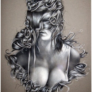 May include: A black and white drawing of a woman with her hair covering her face. The hair is styled in elaborate curls and waves. The woman is wearing a white bra.