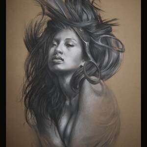 Cutterbust - original charcoal drawing of woman with scissors in hair 18&quot; x 24&quot;