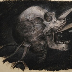 May include: A black and white pencil drawing of a human skull with a paisley design on the side of the skull. The skull is being pierced by a pair of scissors.
