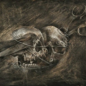 May include: A black and white charcoal drawing of two human skulls with a pair of scissors tangled around them.