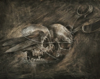 May include: A black and white charcoal drawing of two human skulls with a pair of scissors tangled around them.