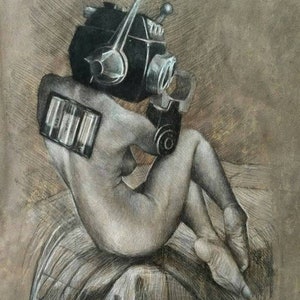 May include: A black and white drawing of a person with a robot head sitting on a bed. The robot head has two antennas and a large, round eye.