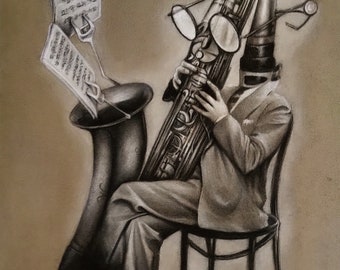 Playing By Himself - original charcoal drawing
