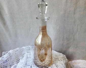 Vintage Amber Etched Cut Glass Decanter Faceted Stopper Wheat Pattern Bar Cart Barware