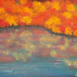 Autumn lake. Original scenery acrylic paiting.