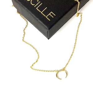 May include: A gold chain necklace with a crescent moon pendant. The necklace is in a black box with the word "LUCILLE" printed on it.