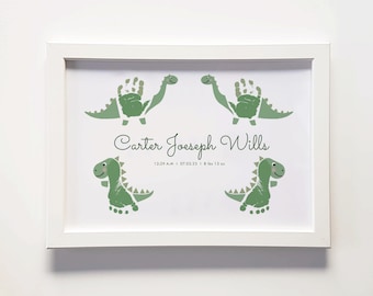 Dinosaur baby footprint print design, new baby print, printable nursery decor, newborn birth announcement, twins, personalised