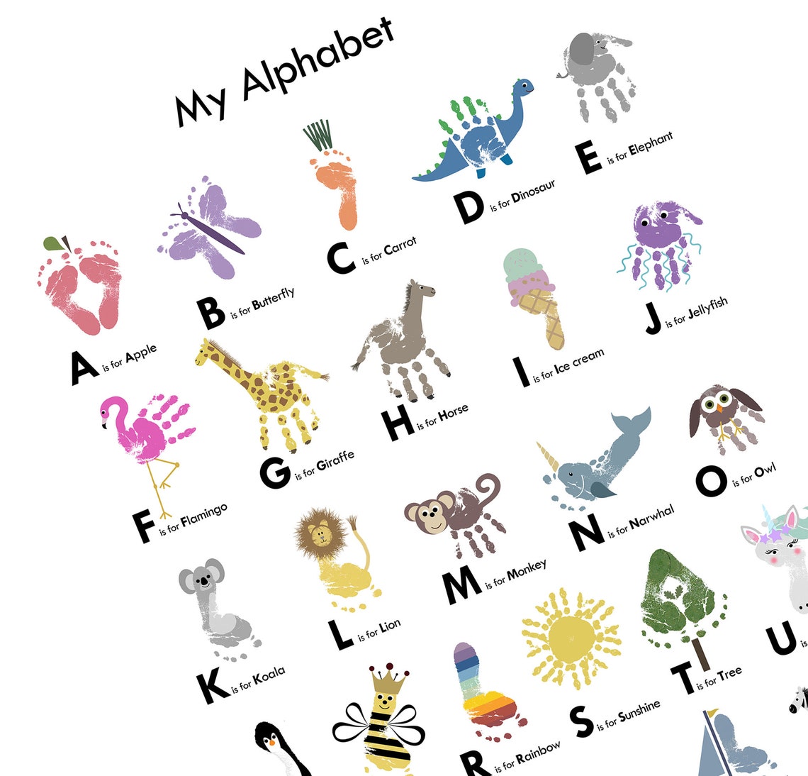 Alphabet Print Personalised ABC Poster Handprint Footprint Etsy UK