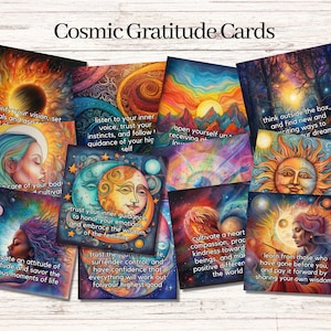 Cartões de gratidão cósmica para impressão, baralho de 30 cartas diário de gratidão cósmica, download instantâneo de gratidão, cartões oracle imprimíveis cósmicos