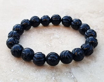 Rose Carved Obsidian Bracelet Natural Black Obsidian Beaded Bracelet Crystal for Manifestation Base Chakra Crystal Obsidian Jewelry