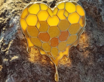 Honey Heart Enamel Pin (Art Board Cute Design Glitter Heart Inspiration Jacket Kawaii Gold Honey Sweet Bee Unique Valentine Wedding Gift)