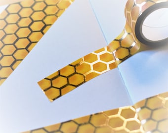 Honeycomb Washi (Art Foil Gold Tape Honey Lemon Yellow Masking Tape Journal Organization Paper Tape Roll Stickers For Journaling)