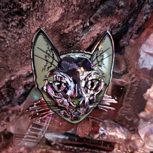 May include: A silver-colored cat-shaped enamel pin with a skeletal face design. The pin has a light green background and a detailed, metallic finish. The cat's ears are pointed, and the eyes are large and round.