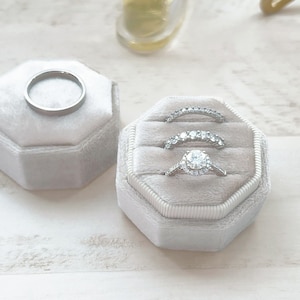 Triple Velvet Ring Box | Octagon Three Slot | Engagement Ring & Wedding Set Elegant Keepsake Box, Bridal Photo Props, Ring Bearer, Gift Box