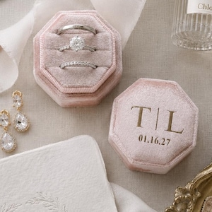 Personalized Octagon Velvet Ring Box: 3-Slot Monogrammed Name  Wedding Ring Storage