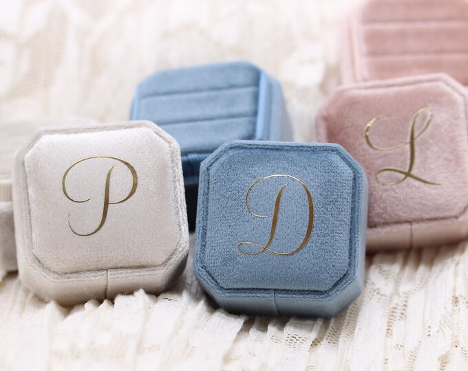 Triple Square Octagon Monogram Velvet ring Box 3 slots Holds 3 Rings Bearer Box Stacking Ring For Bridle Shower Wedding Photos And Storage