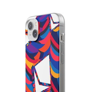 May include: A colorful phone case with a geometric pattern in shades of blue, red, yellow, and purple. The case is designed for an iPhone with a camera bump.