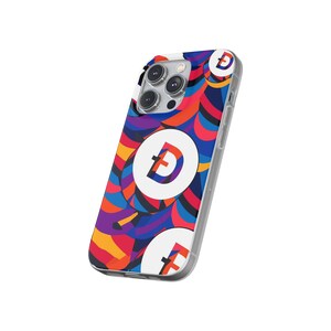 May include: A clear phone case with a colorful abstract design featuring a repeating pattern of circles with the letter "D" inside. The case is designed for an iPhone with a triple lens camera.