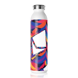May include: A white stainless steel water bottle with a colorful abstract design. The design features a variety of shapes and colors, including red, orange, yellow, blue, purple, and black.
