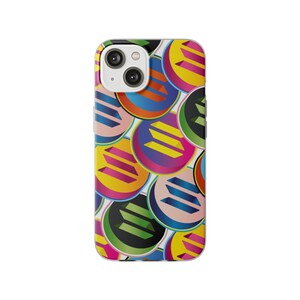 May include: A white iPhone case with a colorful geometric pattern. The pattern features overlapping circles with a three-line design in various colors, including yellow, pink, blue, green, and red.