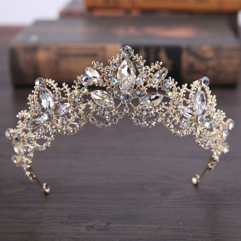 Gold Crystal Tiara Gold Flower Corwn Vintage Gold Crystal Bridal Crown Vintage Modern Crown