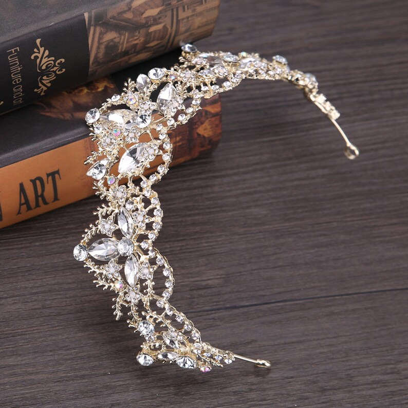 Gold Crystal Tiara Gold Flower Corwn Vintage Gold Crystal Bridal Crown Vintage Modern Crown