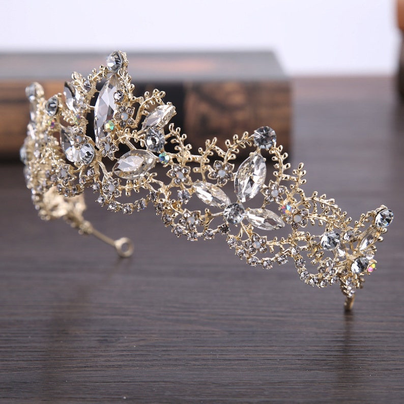 Gold Crystal Tiara Gold Flower Corwn Vintage Gold Crystal Bridal Crown Vintage Modern Crown