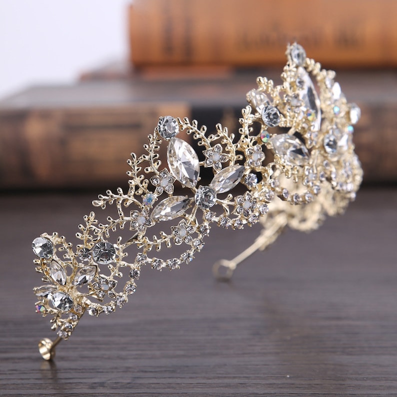 Gold Crystal Tiara Gold Flower Corwn Vintage Gold Crystal Bridal Crown Vintage Modern Crown