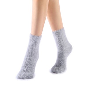 Polly Fuzzy Crew Sock | Grey | Cozy House Socks