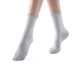 Aliyah Scallop Sparkle Crew Sock | Silver, Glitter Sock, Handmade