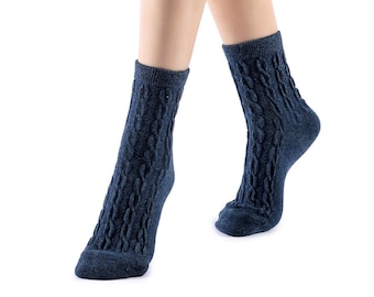 Bella Cable Knit Wool Crew Sock | Navy Blue