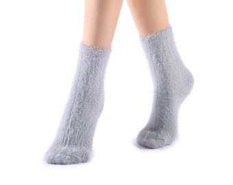 Polly Fuzzy Crew Sock | Grey | Cozy House Socks