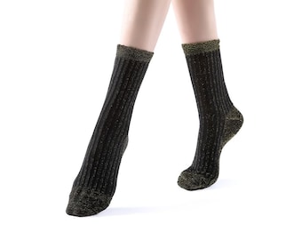 Aliyah Scallop Sparkle Crew Sock | Black Gold, Glitter Sock, Handmade
