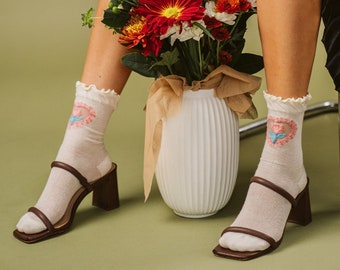 La Fleur Sheer Floral Jacquard Mesh Crew Sock | Rose | Limited Edition | Gift for Her