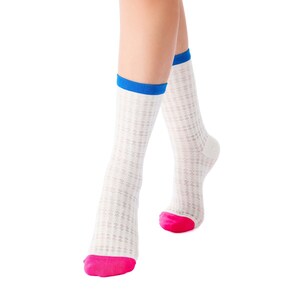 May include: A pair of white socks with a blue trim and pink toes. The socks are made of a soft, breathable fabric and are perfect for everyday wear.
