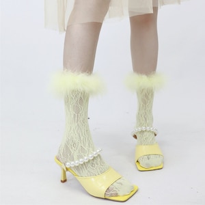 Destiny Feather Trim Lace Socks | Womens Crew Y2K Sock | Sheer Nylon | Pastel Yellow | Lolita Socks | Gift for Her