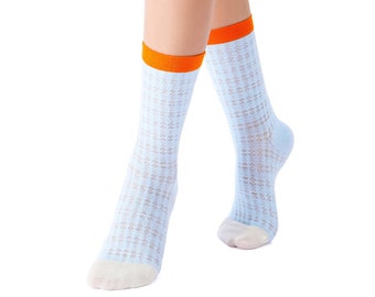 Zoe Color Block Pointelle Semi-Sheer Crew Sock | Blue