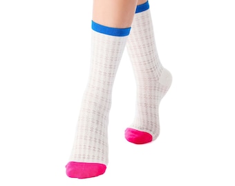 Zoe Color Block Pointelle Semi-Sheer Crew Sock | White