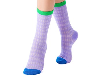 Zoe Color Block Pointelle Semi-Sheer Crew Sock | Purple