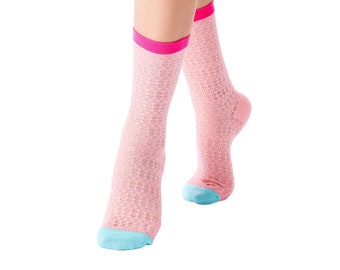 Zoe Color Block Pointelle Semi-Sheer Crew Sock | Pink
