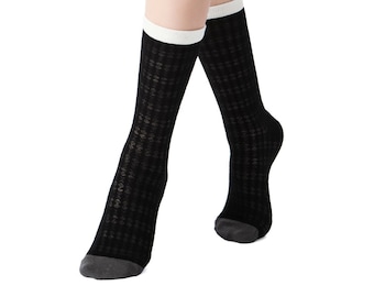 Zoe Color Block Pointelle Semi-Sheer Crew Sock | Black