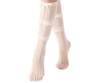 Chloe Layered Lace Knee-High Ribbon Sheer Sock | Beige