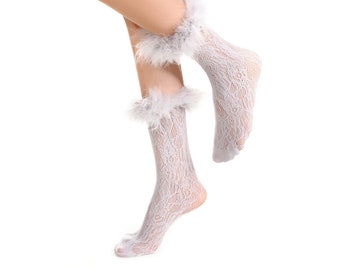 Destiny Feather Trim Lace Socks | Womens Crew Y2K Sock | Sheer Nylon | Light Grey | Lolita Socks | Gift for Her