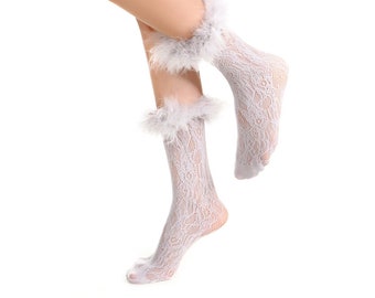 Feather Trim Lace Socks | Y2K Light Grey Sheer Crew Socks