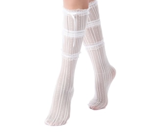 Chloe Layered Lace Knee-High Ribbon Sheer Sock | White