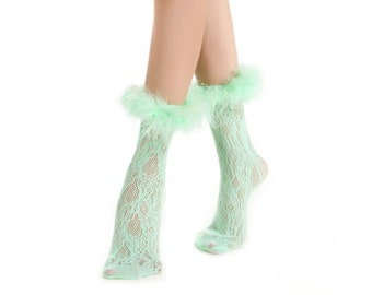 Destiny Mint Green Lace Socks with Feather Trim | Y2K Lolita Style