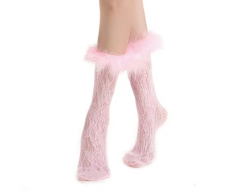 May include: Pink lace socks with a fluffy pink trim around the top.